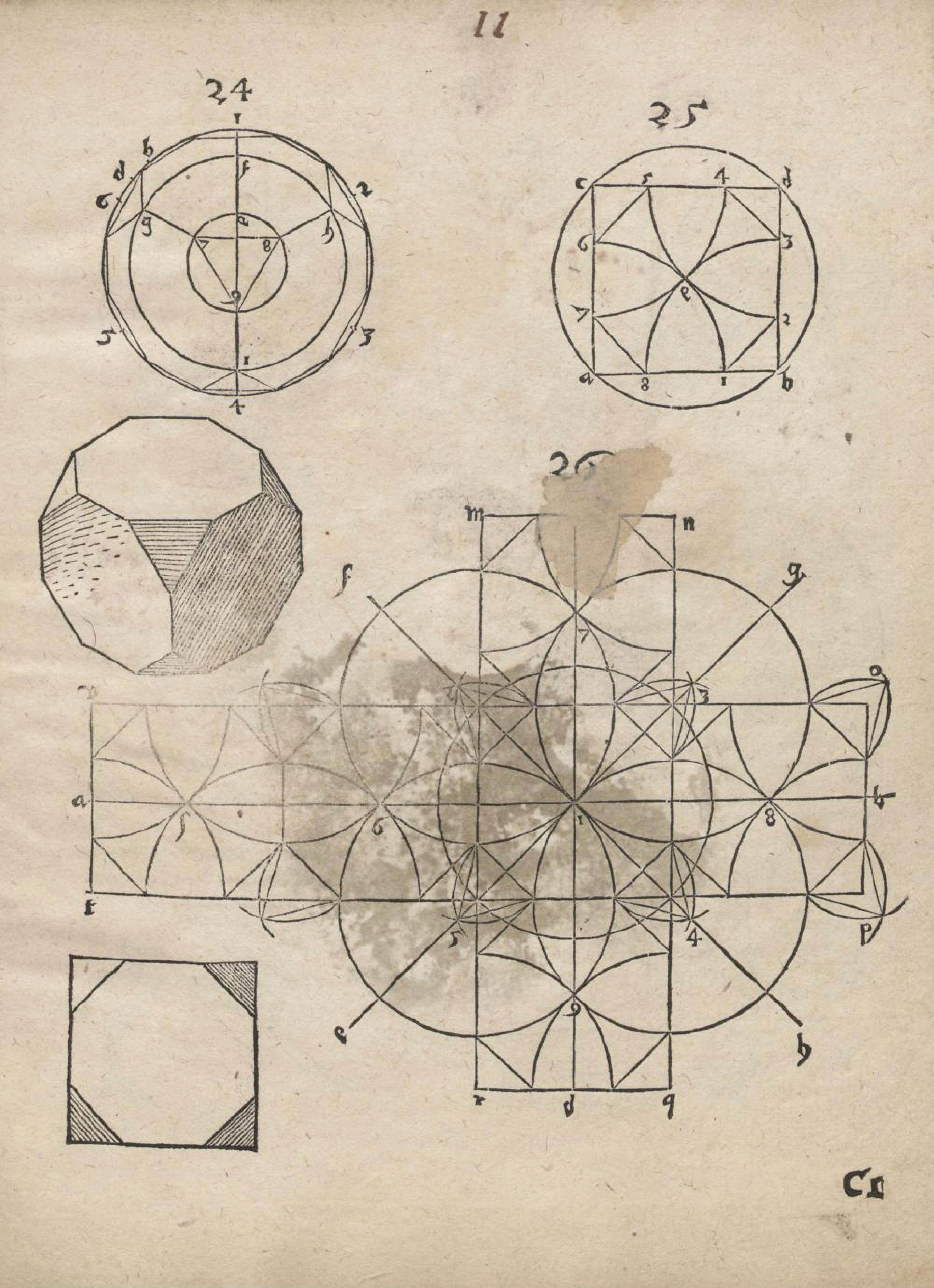 A vintage, hand-drawn geometric diagram on aged paper with circles, octagons, squares, lines, numbers, and letters. There is a stain in the center of the large circle.