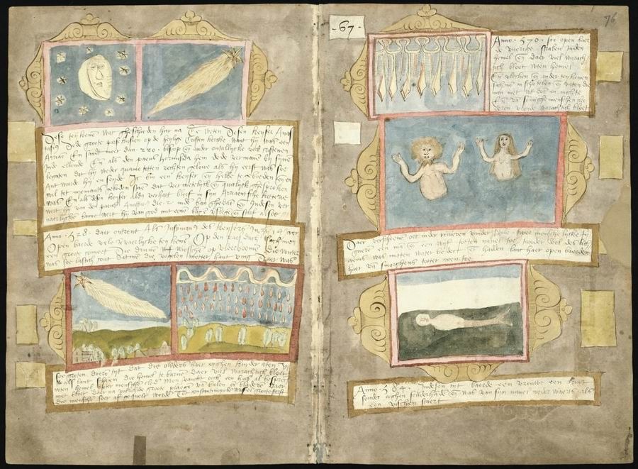 An open page from a medieval manuscript with colorful illustrations and text.