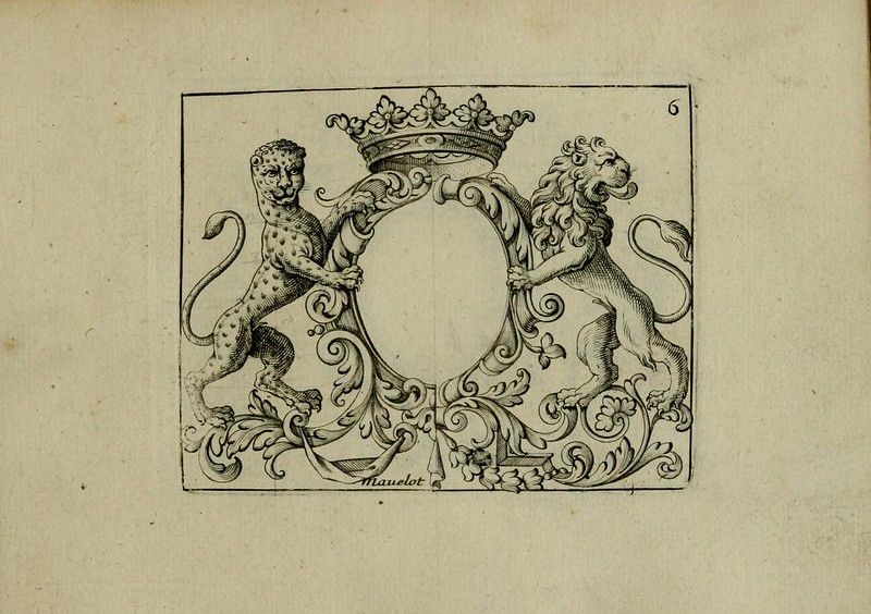A detailed black and white engraving of a coat of arms featuring a crowned shield supported by a lion and a leopard, surrounded by ornate scrollwork and floral designs.