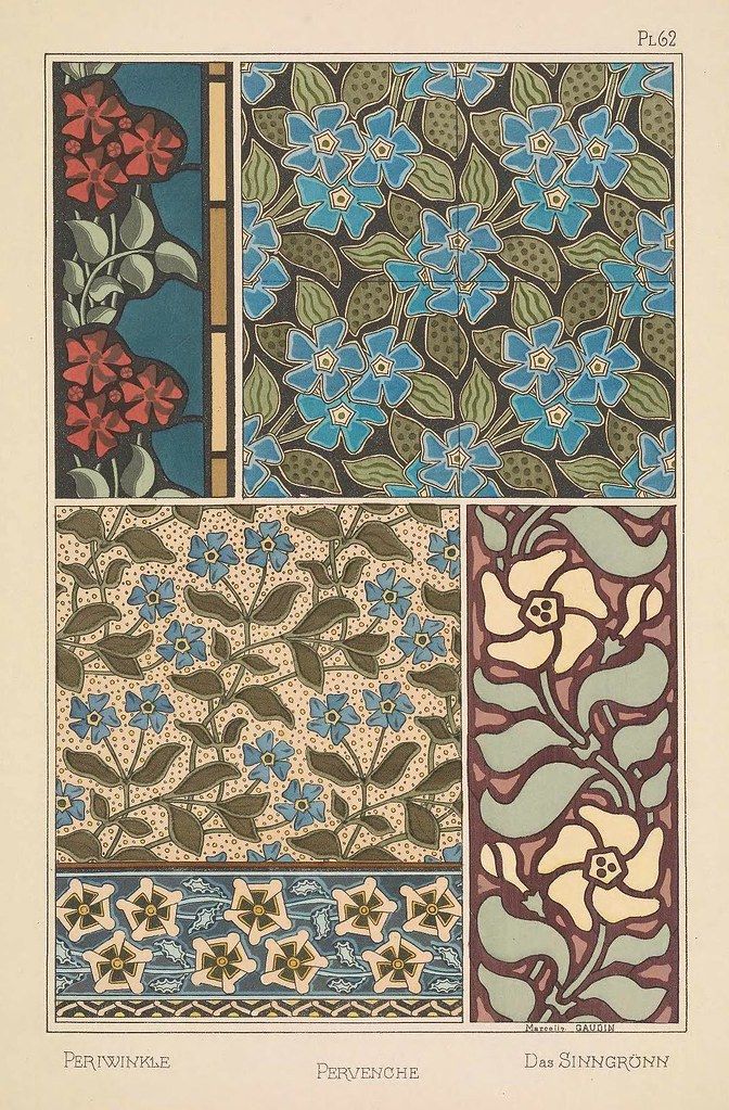 A vintage plate featuring four different floral patterns, labeled “Periwinkle,” “Pervenche,” and “Das Sinngrün.” The patterns are arranged in a grid of four rectangles and feature a variety of colors and motifs.
