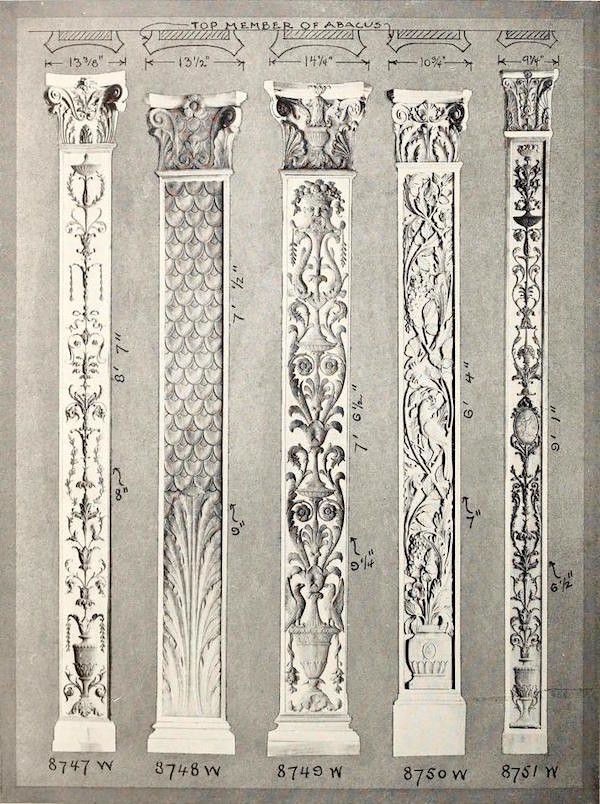 Black and white illustration of five different column designs with measurements.