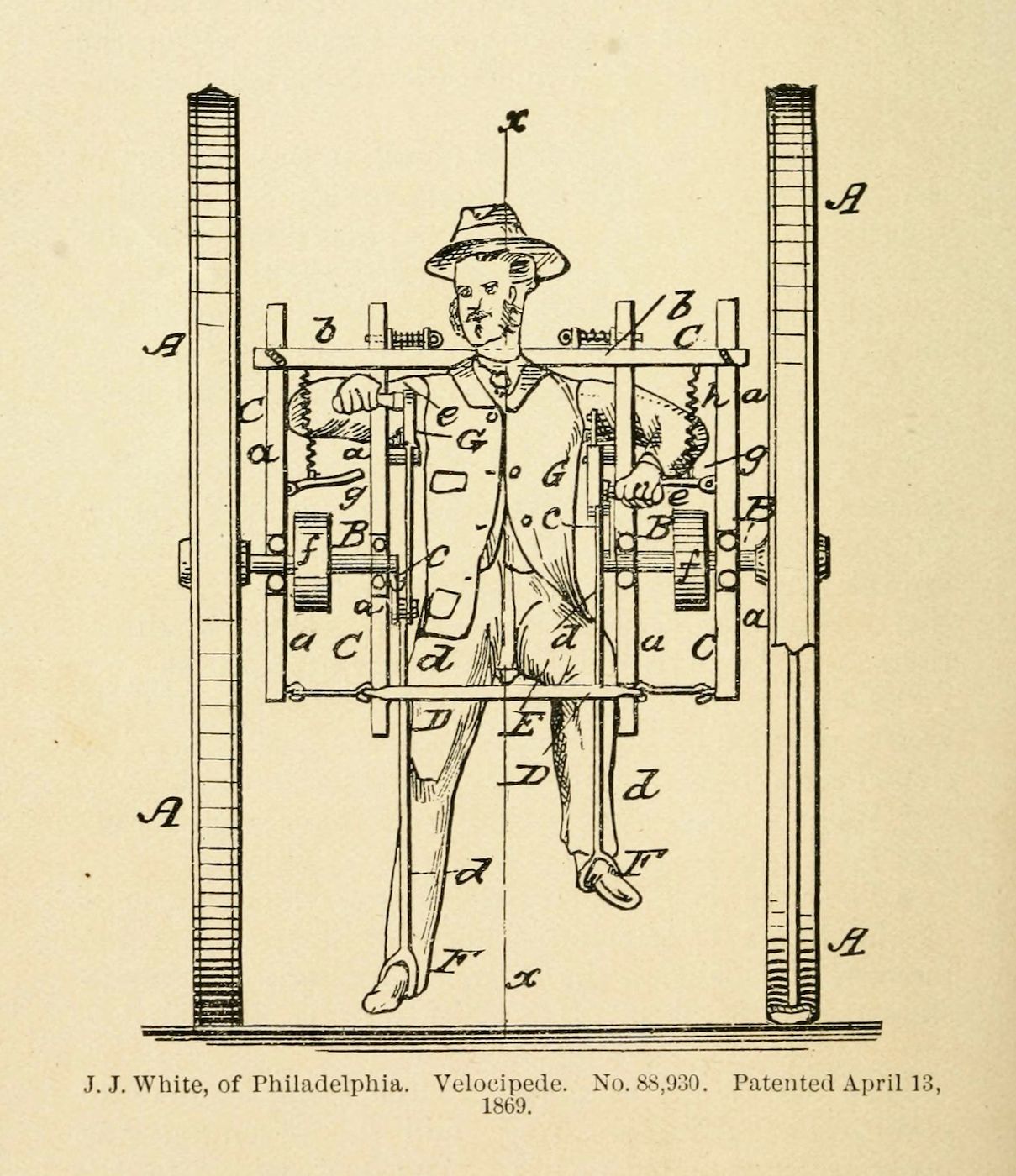 Vintage technical drawing of a velocipede, an early type of bicycle, patented by J.J. White of Philadelphia in 1869.