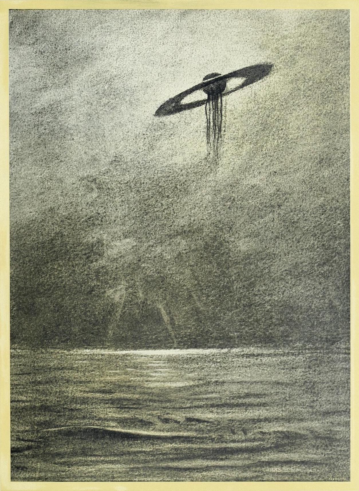 Vintage illustration of a UFO with tentacles descending towards water.