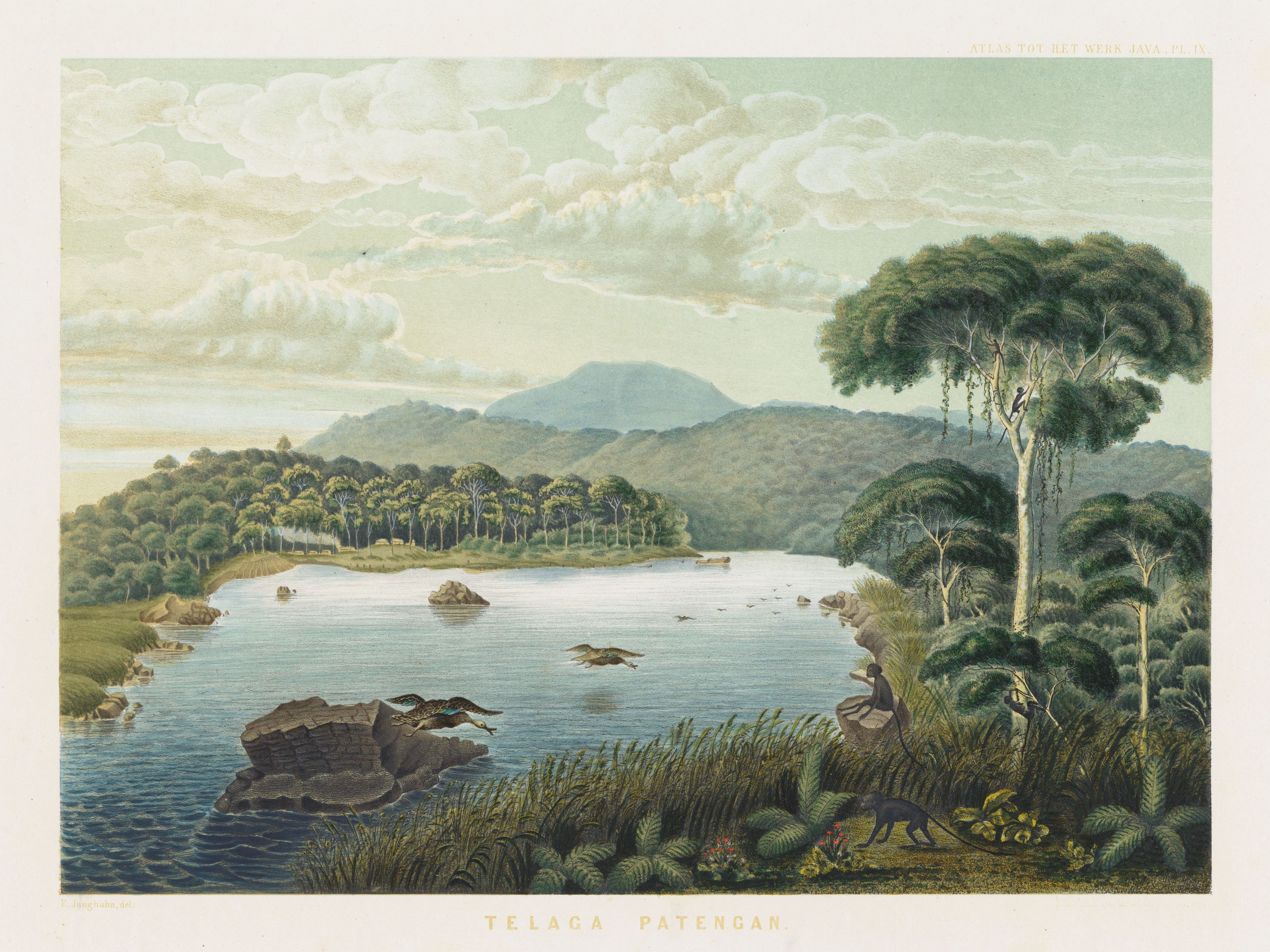 Vintage watercolor painting of a lake in Java, Indonesia, with lush vegetation, mountains, and people fishing.