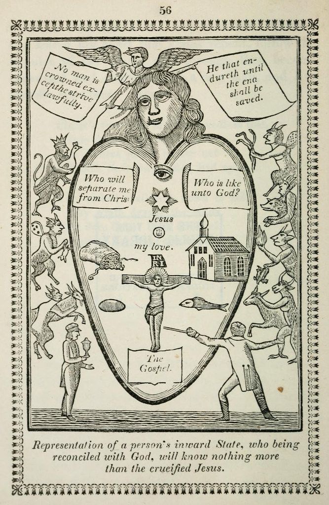 A detailed black and white illustration of a heart-shaped shield containing a crucified Jesus, surrounded by symbolic figures and text.