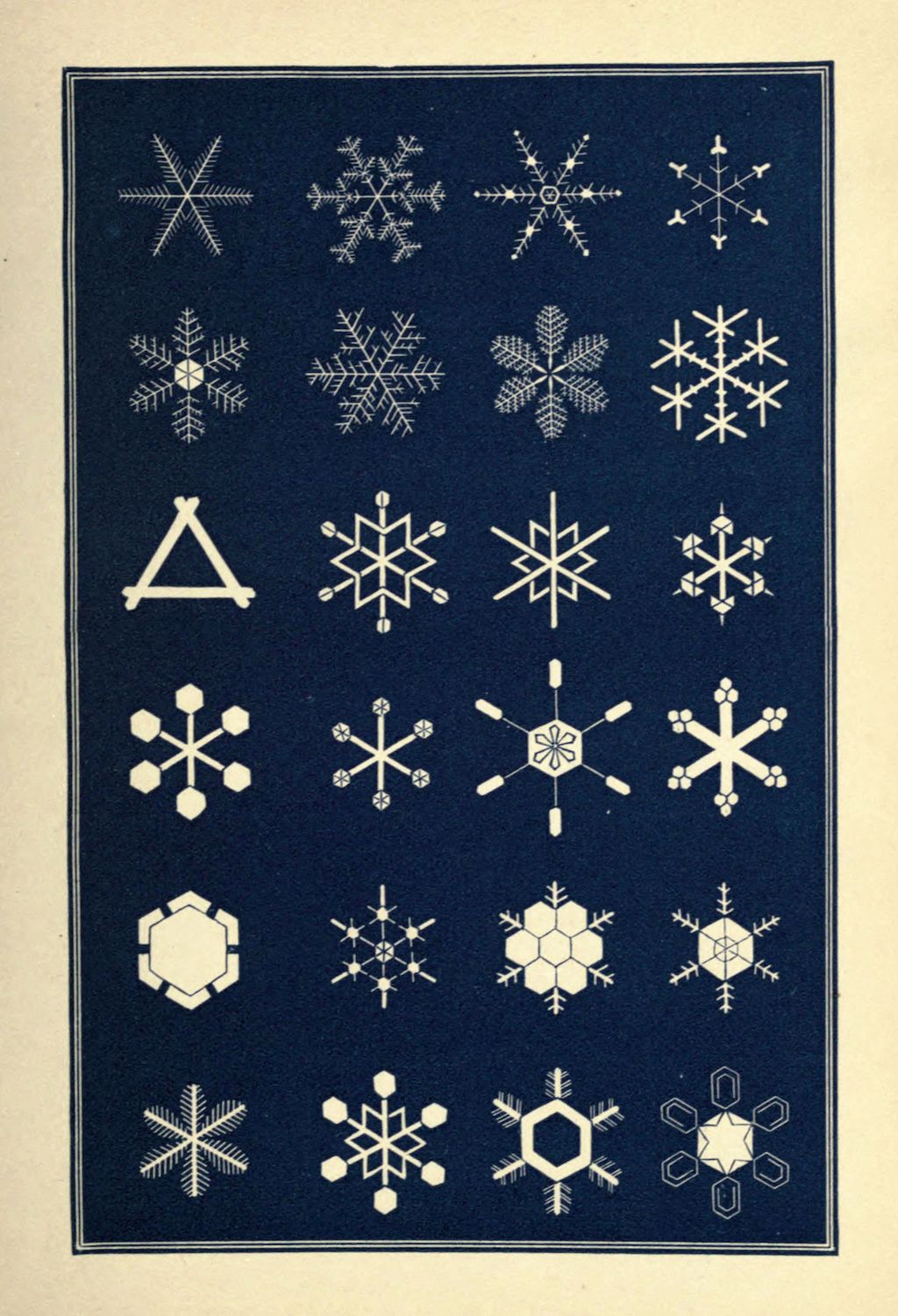 A vintage illustration of 20 different snowflake designs arranged in a grid against a dark background.
