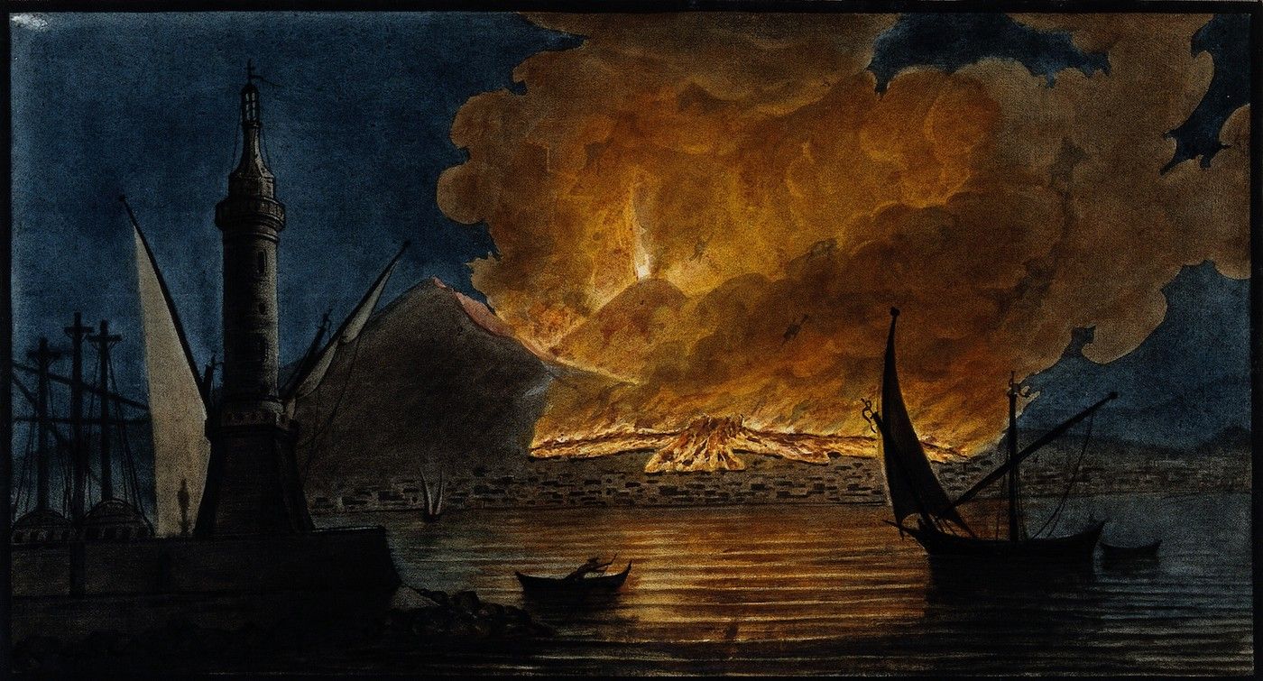 A painting of a city on fire, with ships and boats fleeing the disaster.