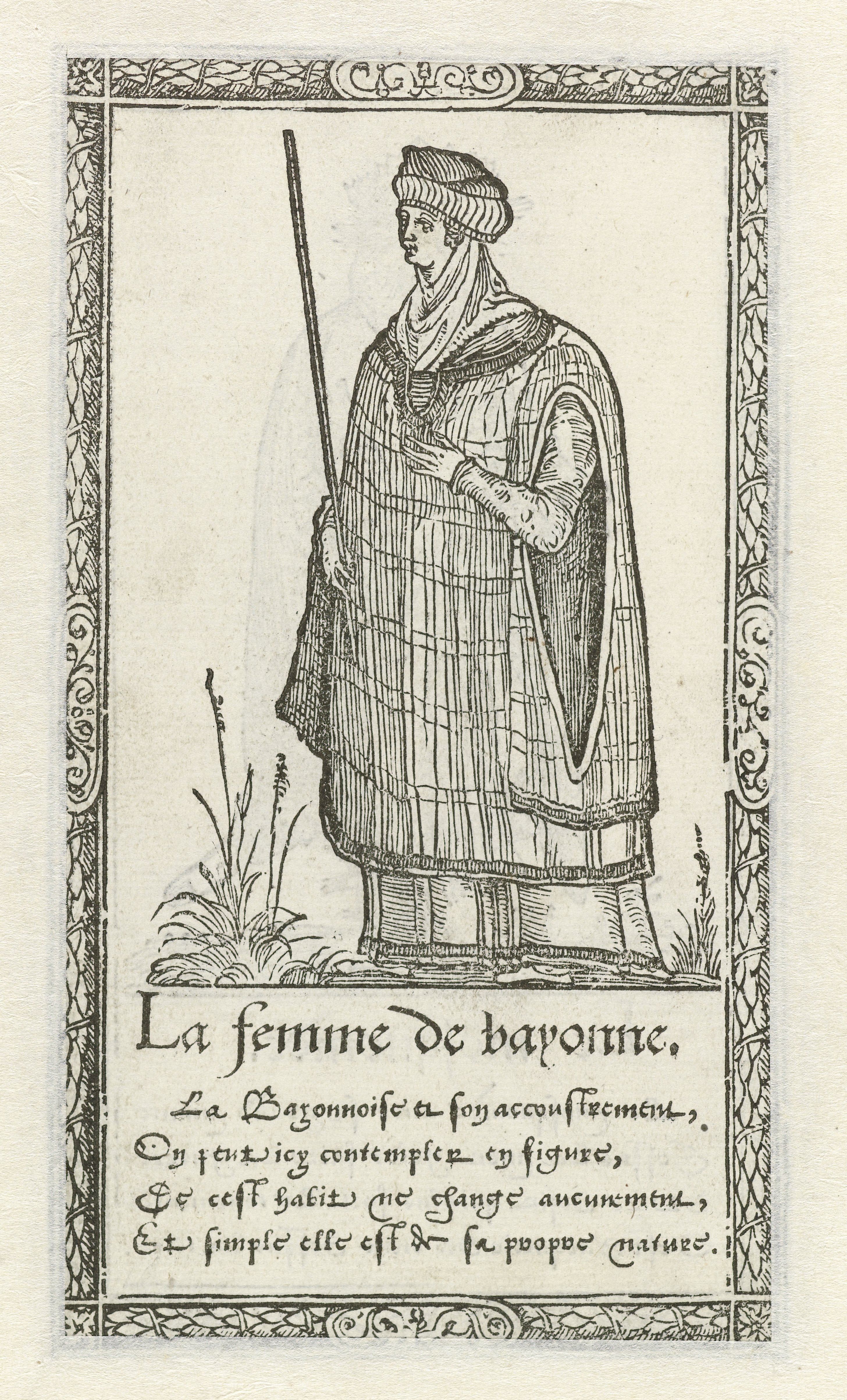 A black and white woodcut illustration of a woman dressed in 16th-century clothing, standing in a field of grass, with text below.