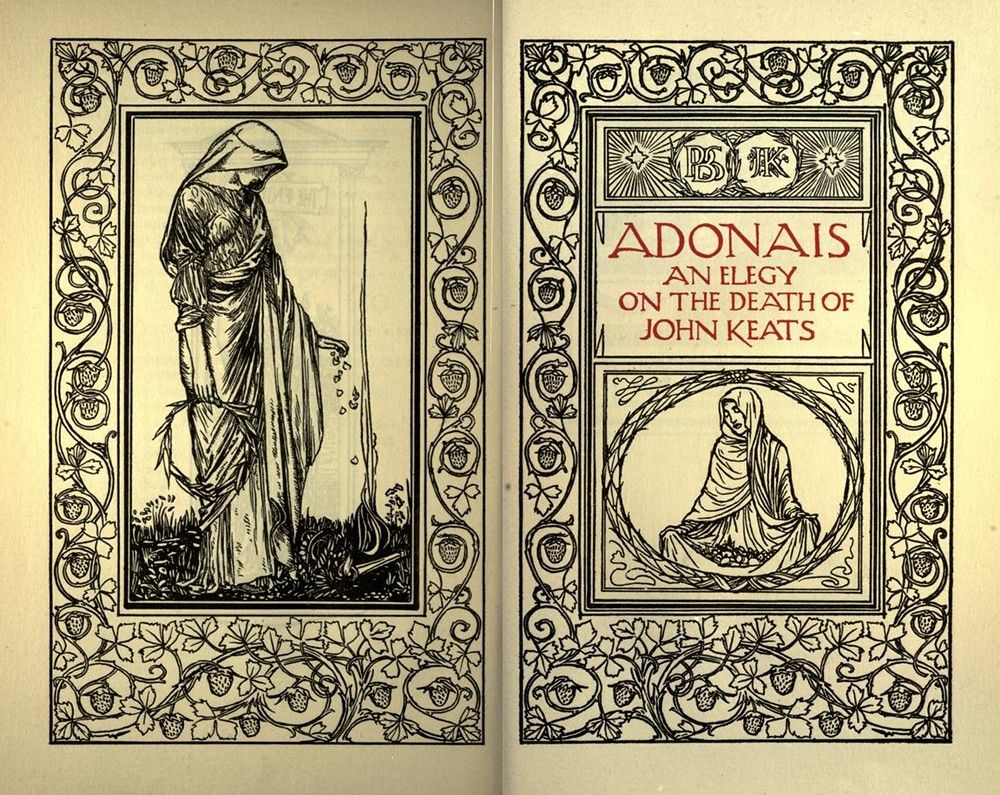 Two open book pages with black and white illustrations and ornate borders. The left page shows a monk in a field, and the right page features text and an illustration of a woman surrounded by a wreath.