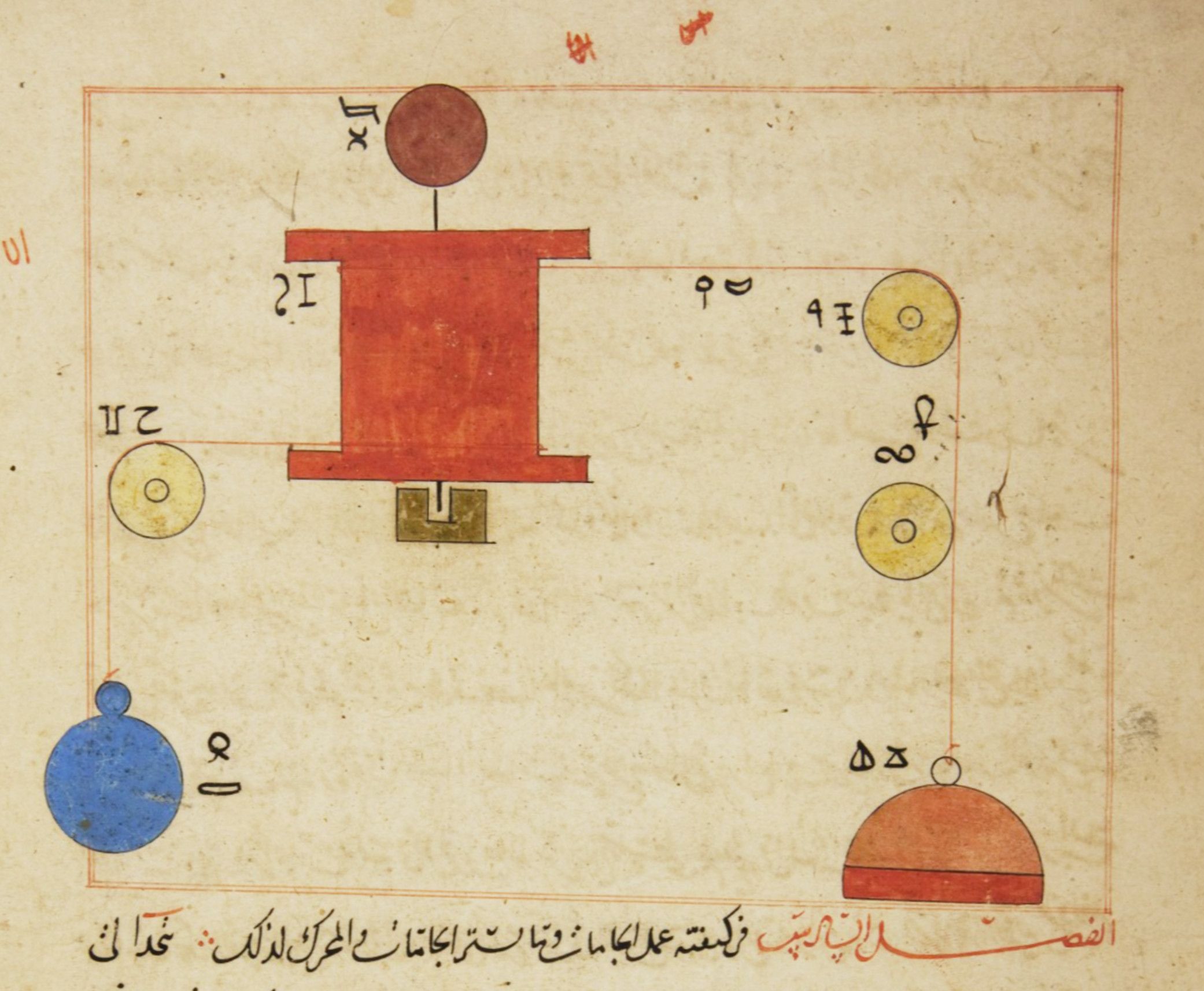 Antique scientific illustration with a red rectangular structure, celestial bodies, and Arabic script.