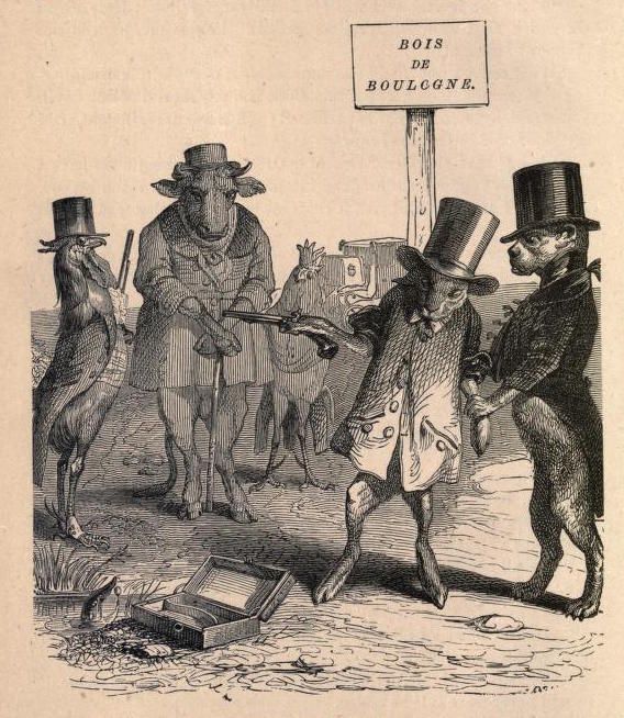 A black and white engraving depicting four anthropomorphic goats dressed in 19th-century attire, standing in front of a sign that reads 'BOIS DE BOULOGNE'.