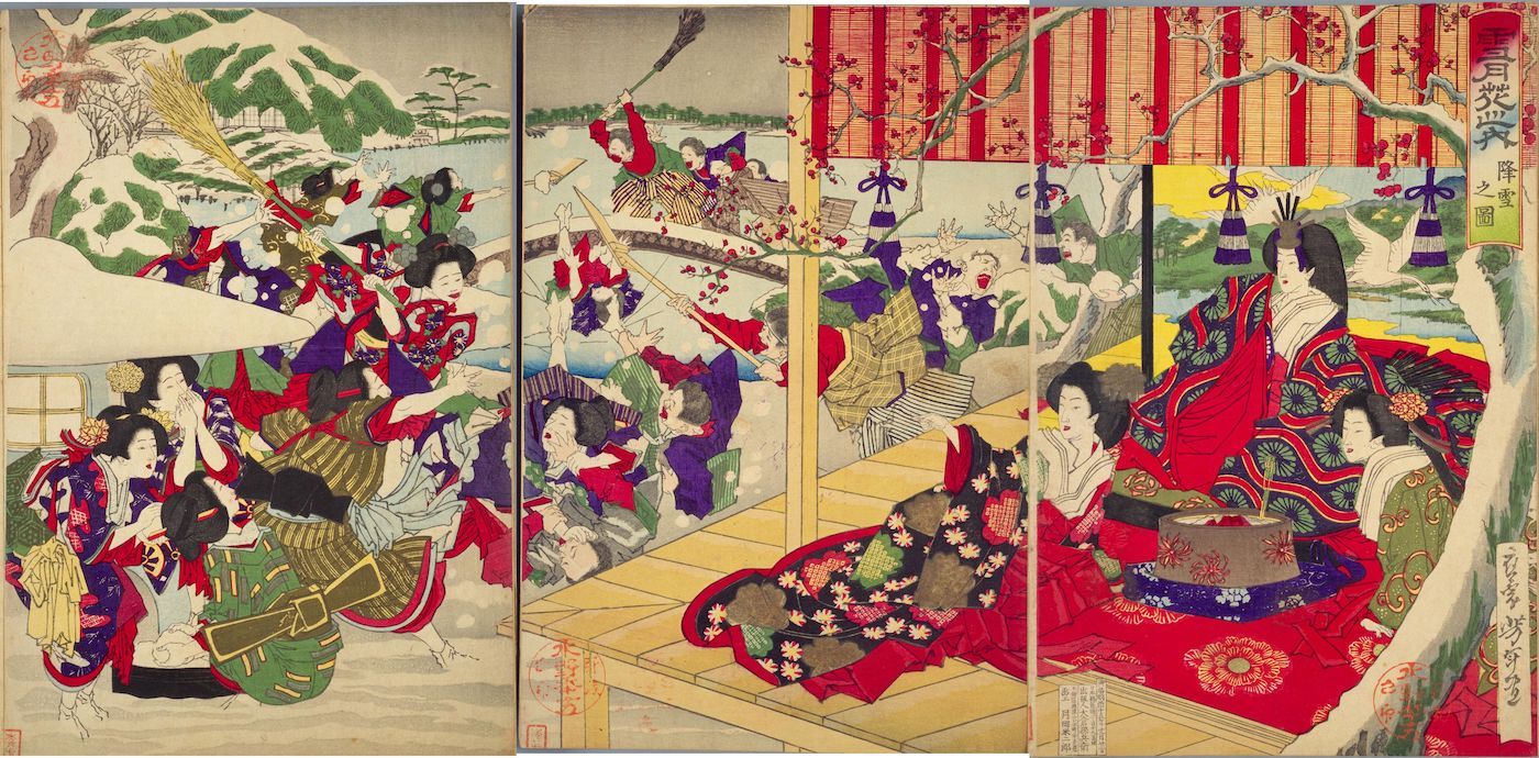 A triptych woodblock print depicting a procession of women carrying a large, insect-shaped palanquin towards a building. The scene is filled with vibrant colors, intricate patterns, and a festive atmosphere.