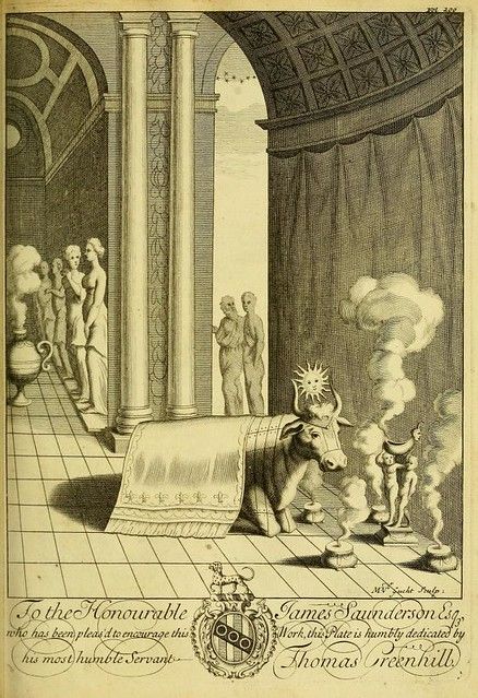 A detailed black and white engraving depicting a classical scene with figures, columns, a bull, and an inscription.