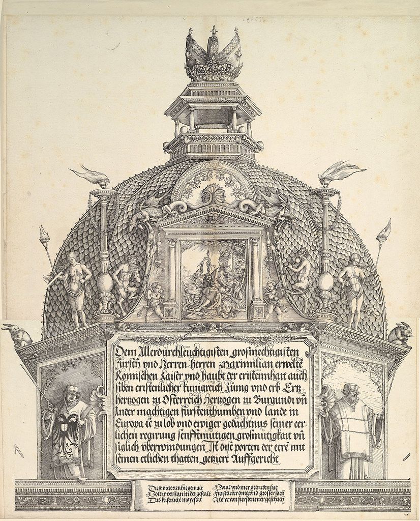 A detailed black and white engraving of a grand, ornate building with numerous figures, sculptures, and heraldic symbols.