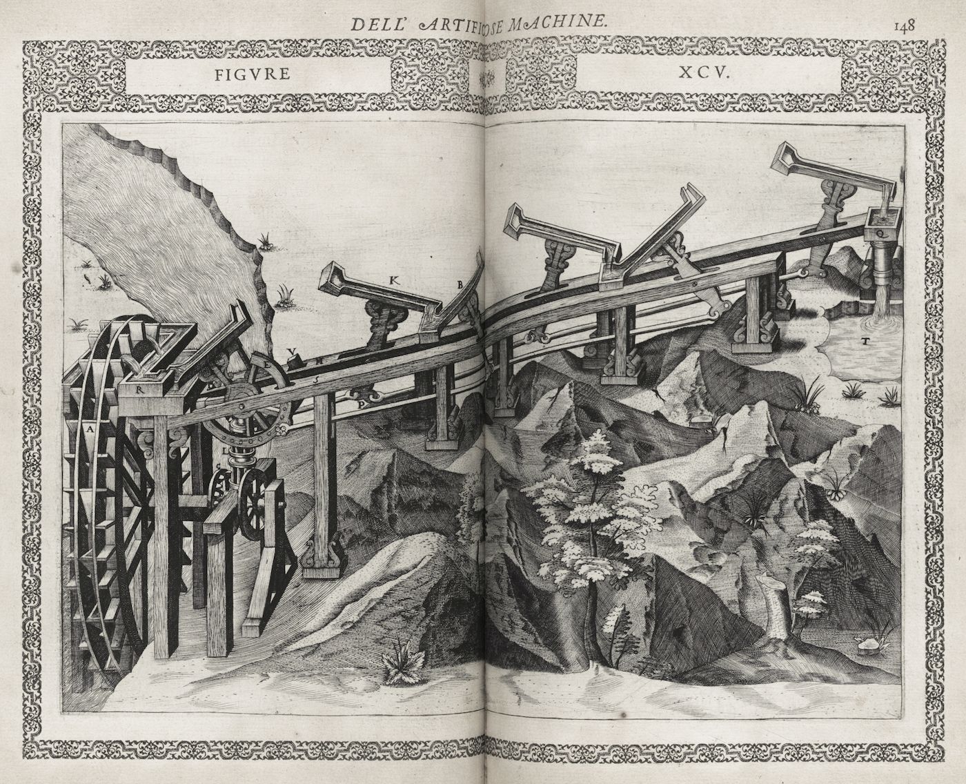 A detailed black and white engraving of a complex mechanical device, likely a water-powered machine, set within a rugged landscape.