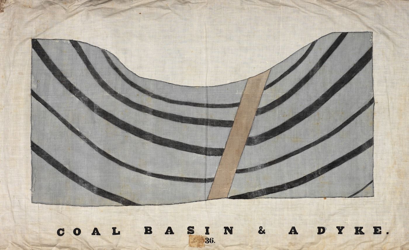 Vintage diagram of a coal basin and dyke, showing layers of coal disrupted by an intrusive dyke.