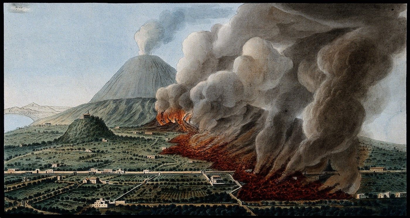 Watercolor painting of a volcanic eruption with a city in the foreground.