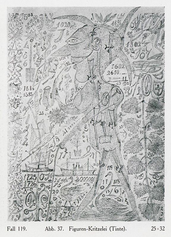 A black and white drawing filled with abstract shapes, lines, and numbers, featuring a distorted humanoid figure surrounded by chaotic markings.