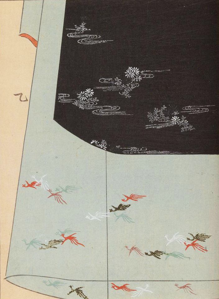 Vintage illustration of water lilies on a black background and red cranes on a light green background, divided diagonally.