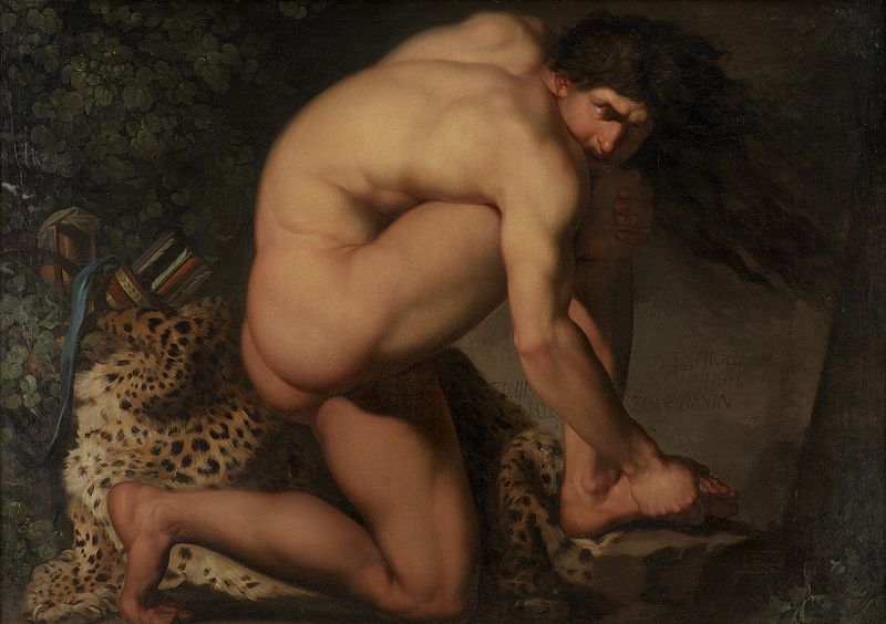 A painting of a muscular, nude man kneeling on a leopard skin, with a bow and arrows nearby.