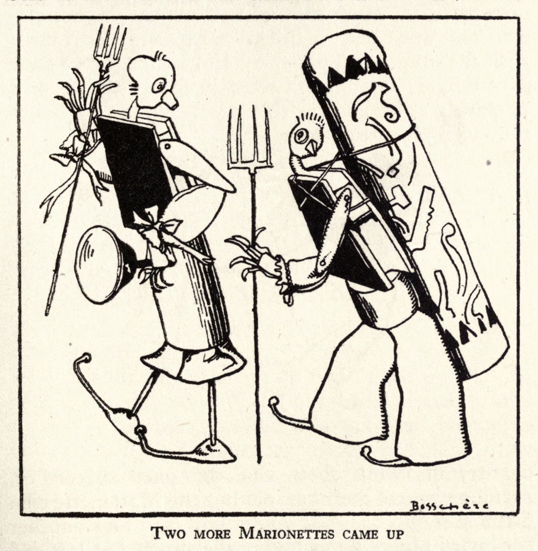 Two marionettes with forks in their heads and playing instruments.
