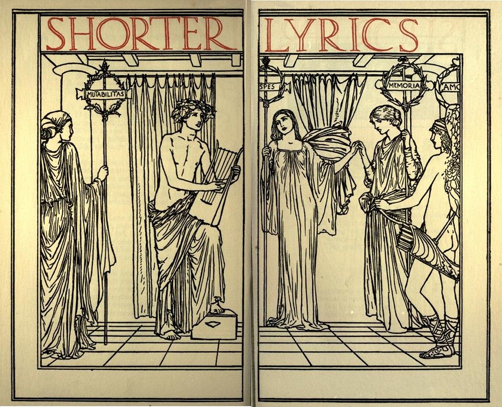 A detailed black and white illustration of a book cover divided into two panels, depicting classical figures and allegorical themes.