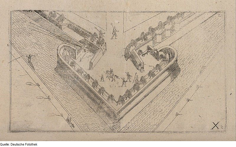 Vintage illustration of a star-shaped fort surrounded by water, with people and structures within its walls.