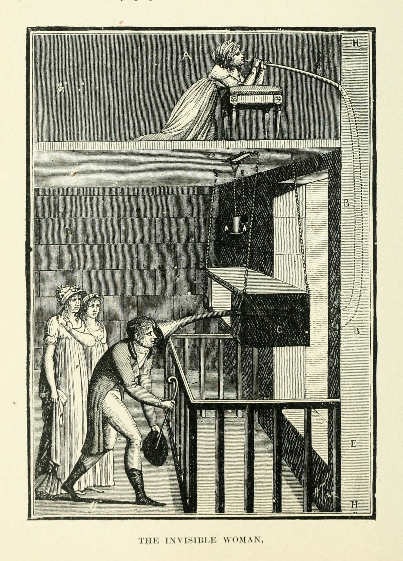 A vintage black and white illustration titled 'The Invisible Woman' depicting a theatrical scene with a complex wooden structure and people involved in a magic trick.