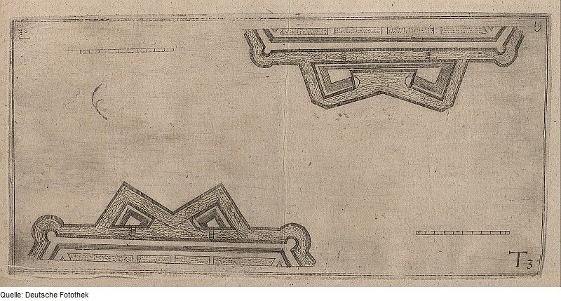 Vintage black and white diagram of a fortification or castle, showing walls, bastions, and moats.