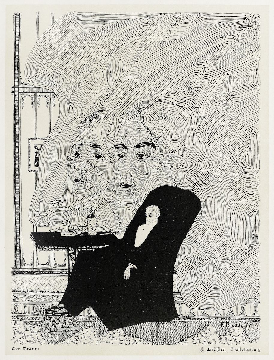A black and white illustration of a person seated in a chair, with distorted faces swirling behind them. The image evokes a dreamlike and psychological atmosphere.