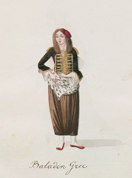 Watercolor painting of a woman in traditional Greek attire, labeled 'Paladin Grec'.
