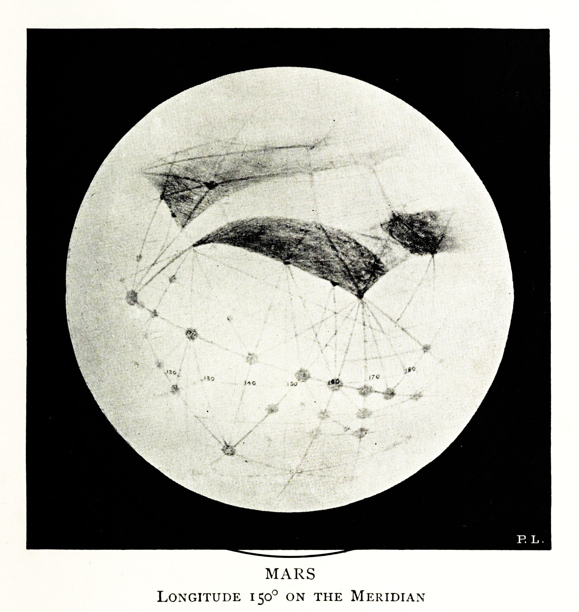 A vintage black and white illustration of Mars, showing its surface features, longitude markings, and polar caps.