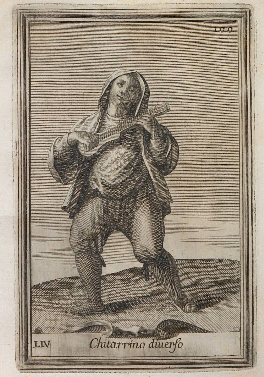 A black and white engraving of a young boy playing a stringed instrument, labeled 'Chitarrino duefo'.