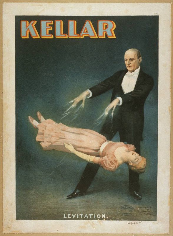 Vintage poster advertising a magic act called "Levitation" by a magician named Kellar. The poster features a man in a black suit with a white bow tie, and a woman suspended in mid-air.