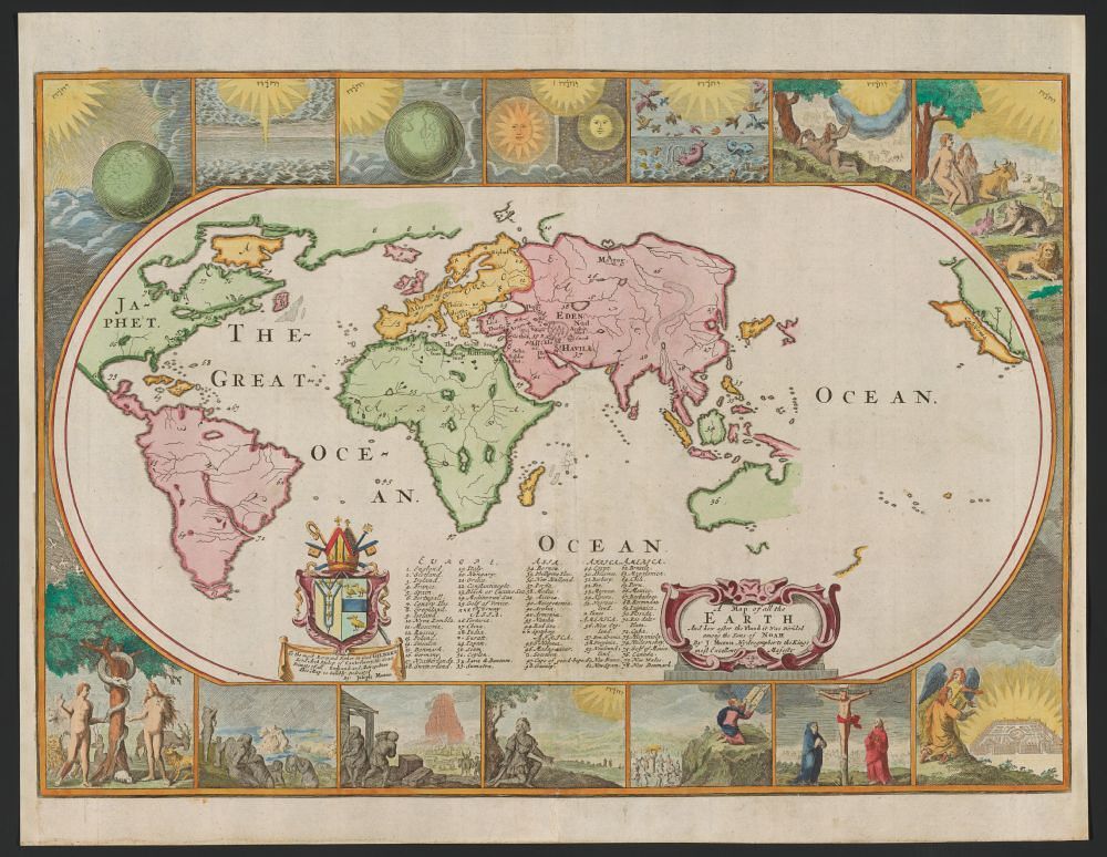 A vintage map of the world with ornate borders and allegorical scenes.