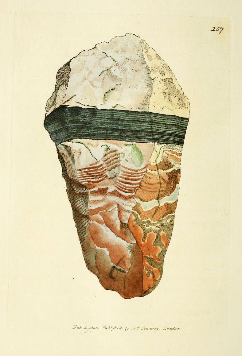 Illustration of a prehistoric hand axe made of flint, with detailed flaking patterns and a mix of beige, reddish-brown, and dark brown hues. The illustration is set against a pale yellow background and includes a handwritten number '167' and a caption indicating the publication date and publisher.