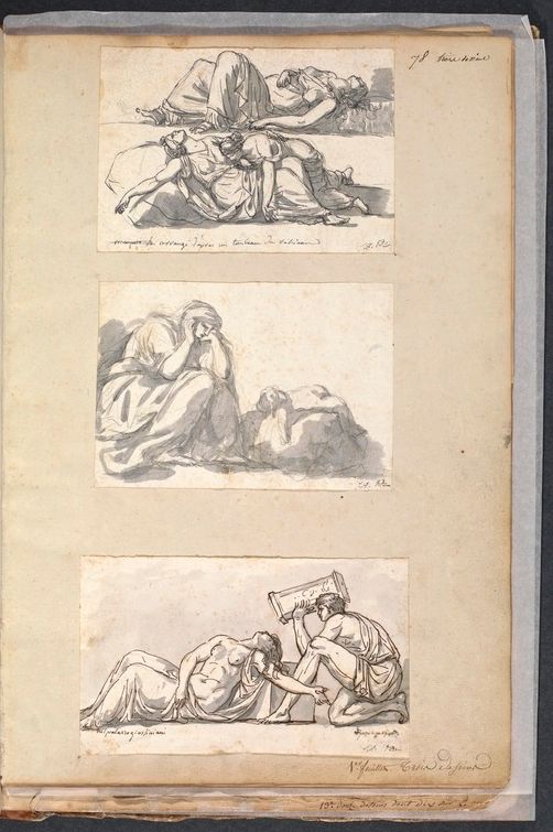 A page from a sketchbook with three pencil sketches of classical figures in various poses.