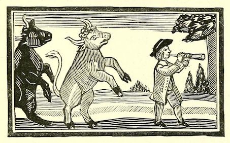 A black and white woodcut illustration of a man playing a horn while two cows, one black and one light-colored, react in a rural landscape.