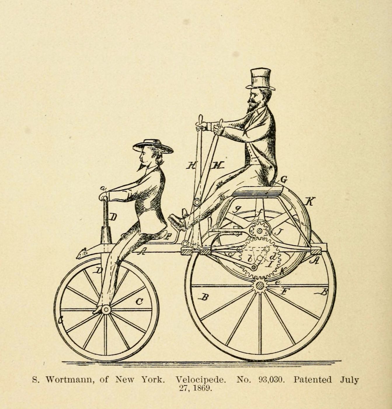 Vintage patent drawing of a velocipede with two riders, labeled parts, and patent information.