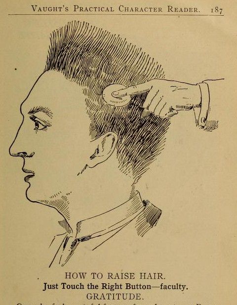 Vintage illustration of a man's head in profile with a hand reaching towards his hair, accompanied by text explaining how to 'raise hair' by touching the right button.