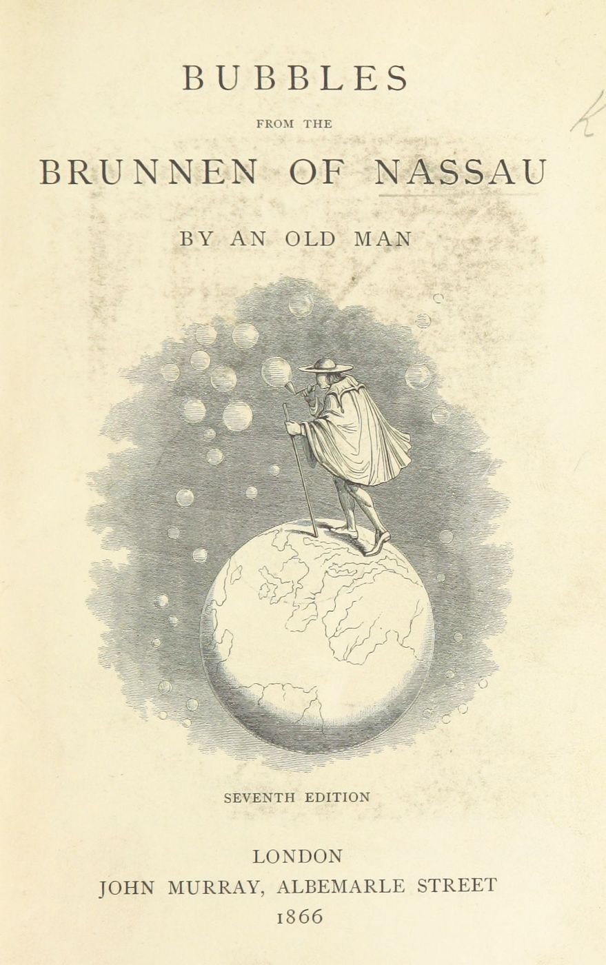Vintage book cover for "Bubbles from the Brunnen of Nassau" featuring an old man standing on a globe surrounded by bubbles.