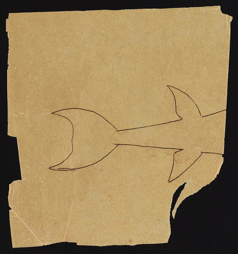 A simple line drawing of a swallow or similar bird in flight, rendered on a piece of aged, textured paper.