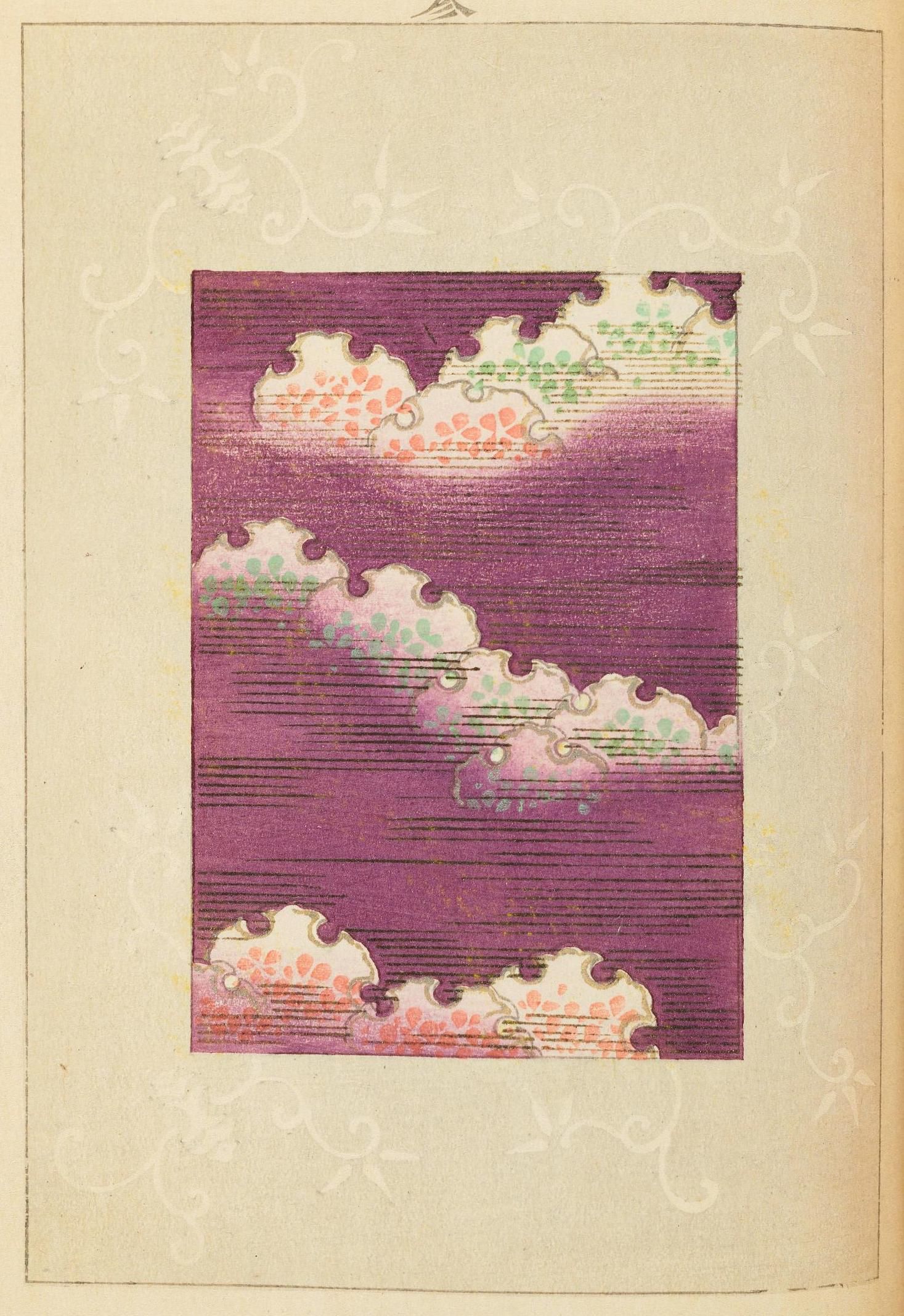 A vintage pattern design with a plum striped center bordered by pink and white floral motifs, set against a pale yellow patterned background.