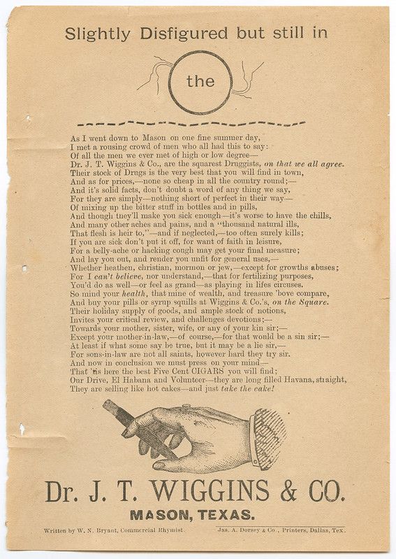 A vintage advertisement for Dr. J.T. Wiggins & Co. in Mason, Texas, featuring rhyming text and a decorative border.