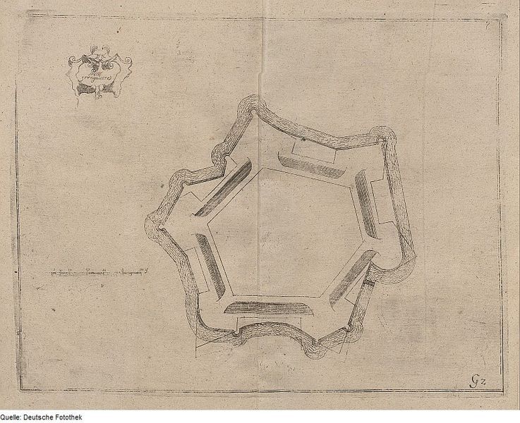 Historical sketch of a star-shaped fortification with multiple pointed bastions, drawn in fine lines on aged paper.