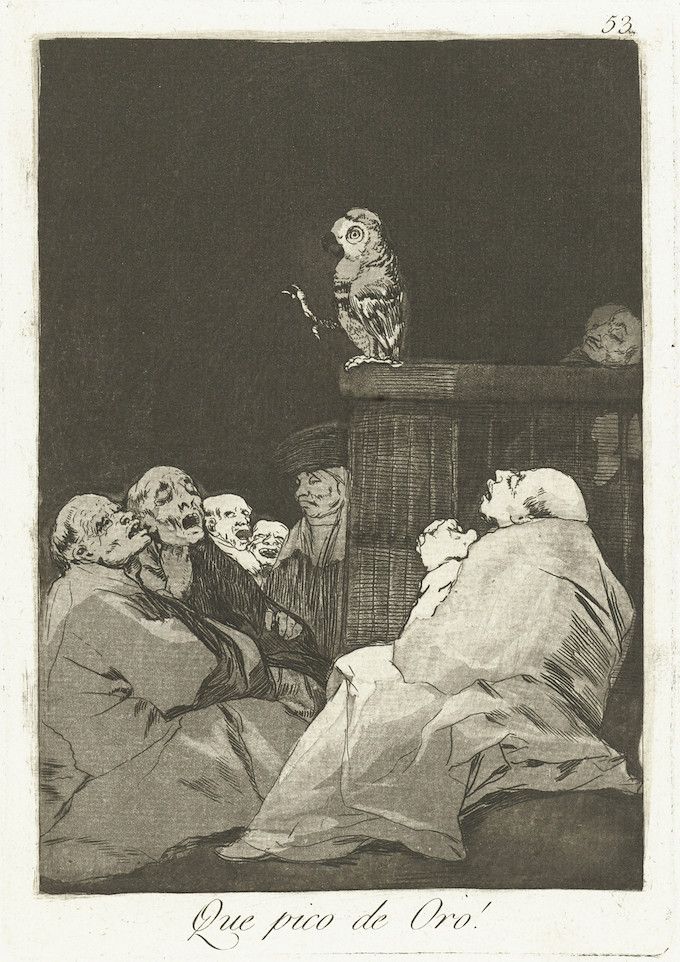A black and white etching titled 'Que pico de Oro!' (What a golden beak!). A group of people are gathered around a table, looking up at an owl perched on top of it. The scene is dramatically lit, with stark contrasts between light and shadow.