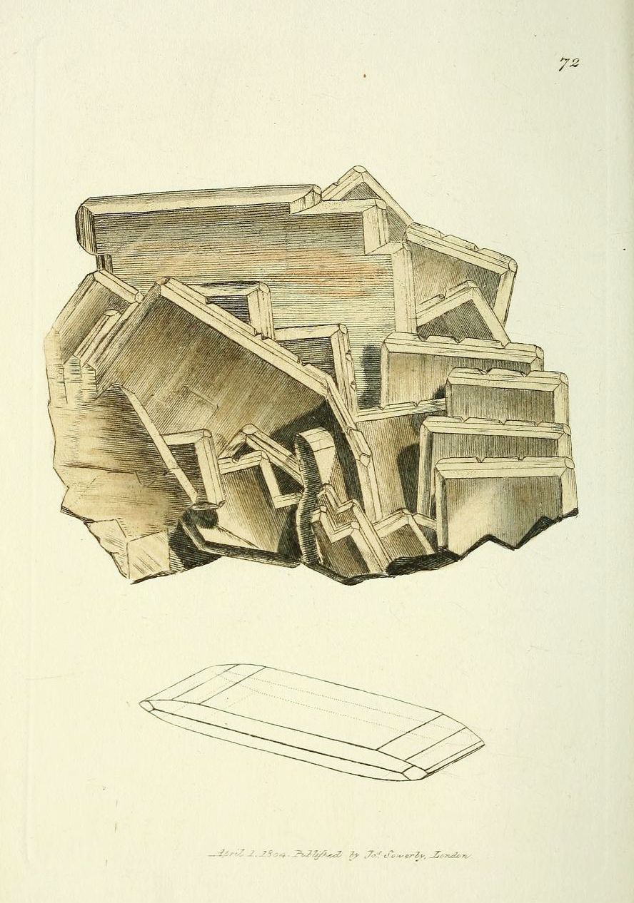 Vintage illustration of a mineral specimen with stacked rectangular crystals, published by W.Bowerly, London in 1814.