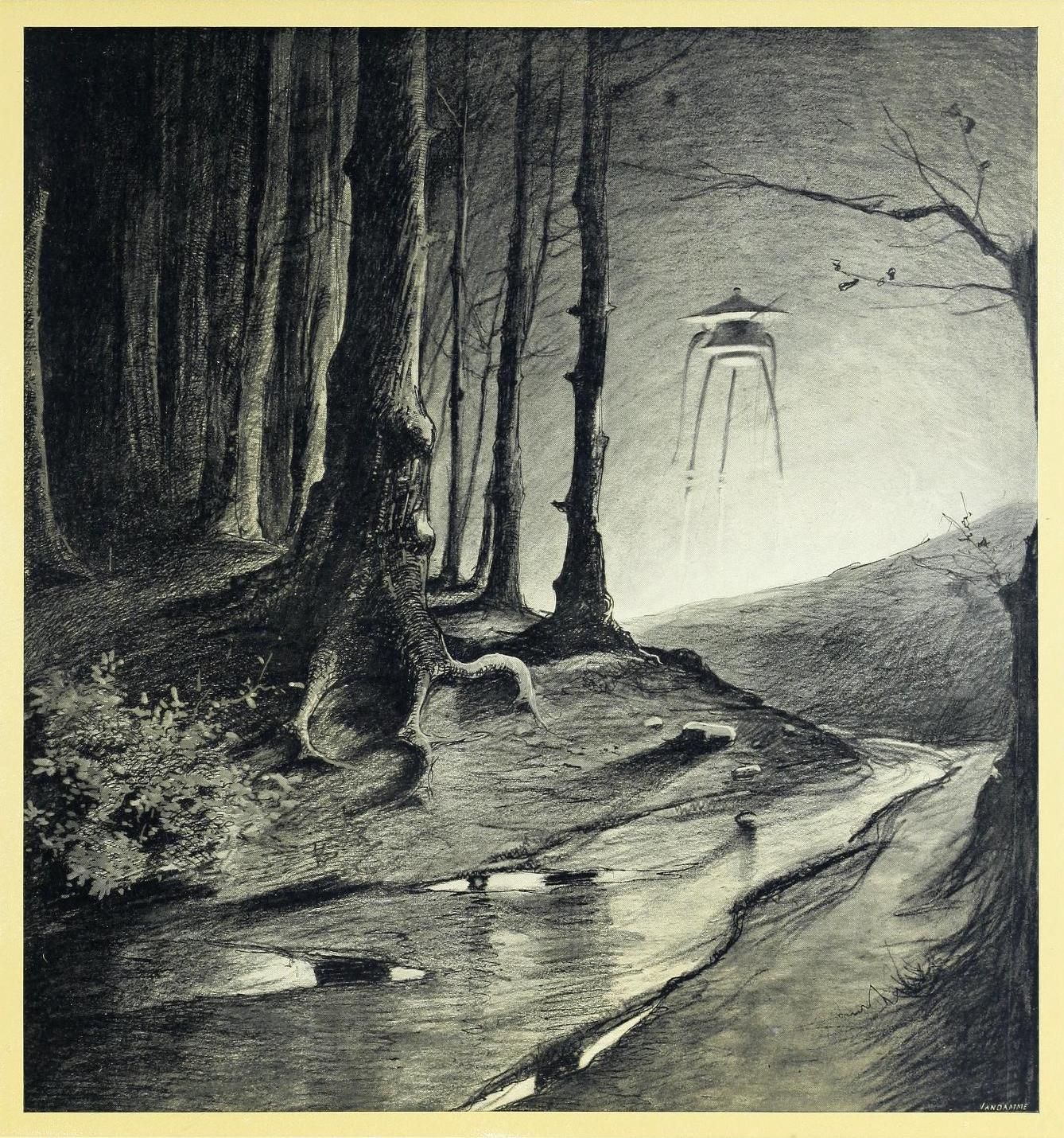 A black and white illustration of a forest path leading to a bright light source, with a serpentine creature and birds nearby.