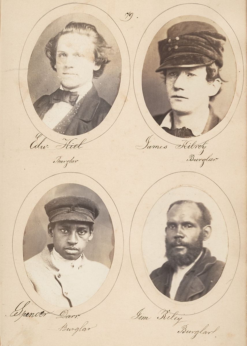 Four oval portraits of men identified as burglars, arranged in a grid. Each portrait is accompanied by handwritten text identifying the man and his profession.