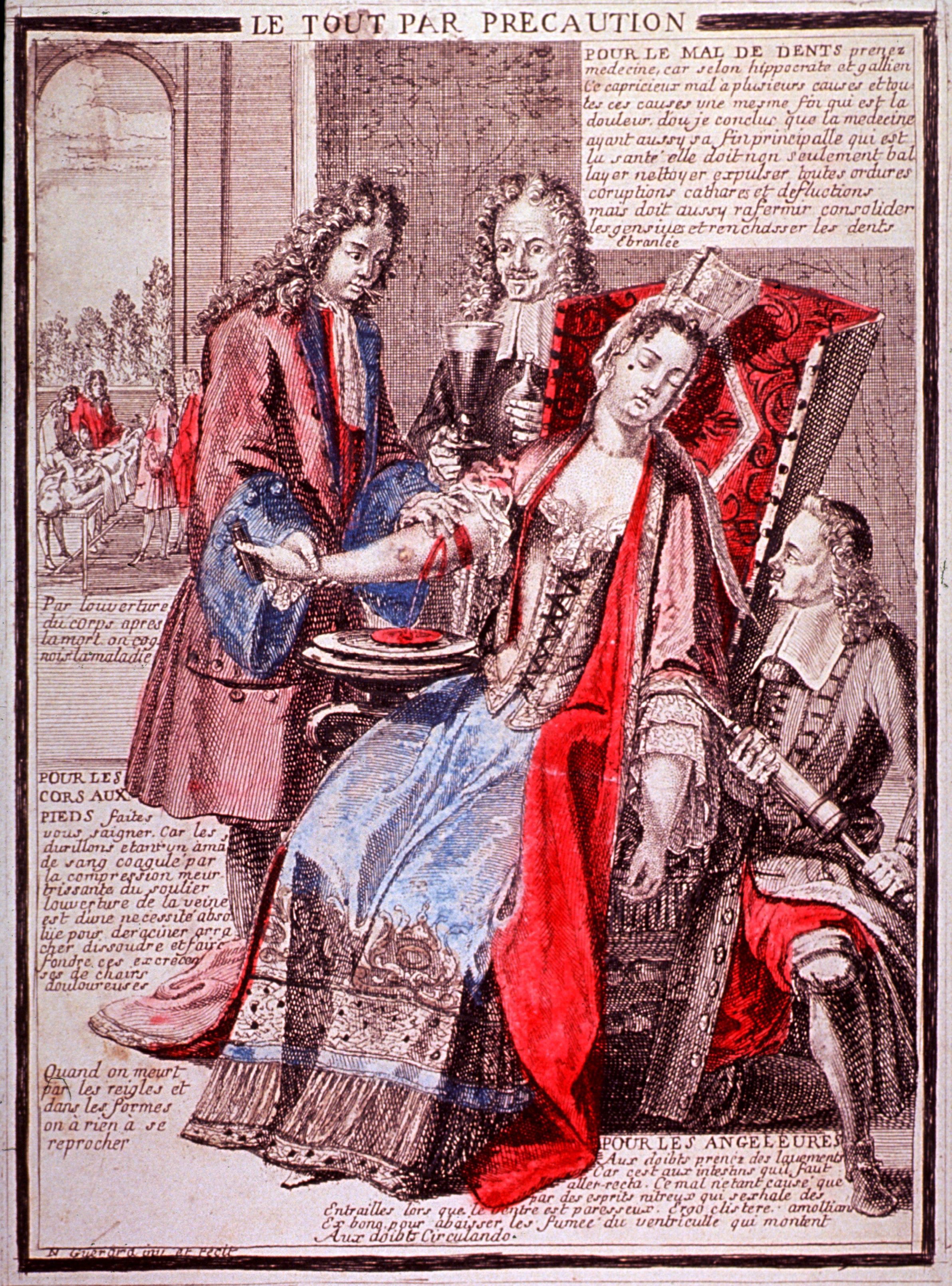 Antique engraving of a medical scene with a doctor attending to a woman, surrounded by other figures and text.